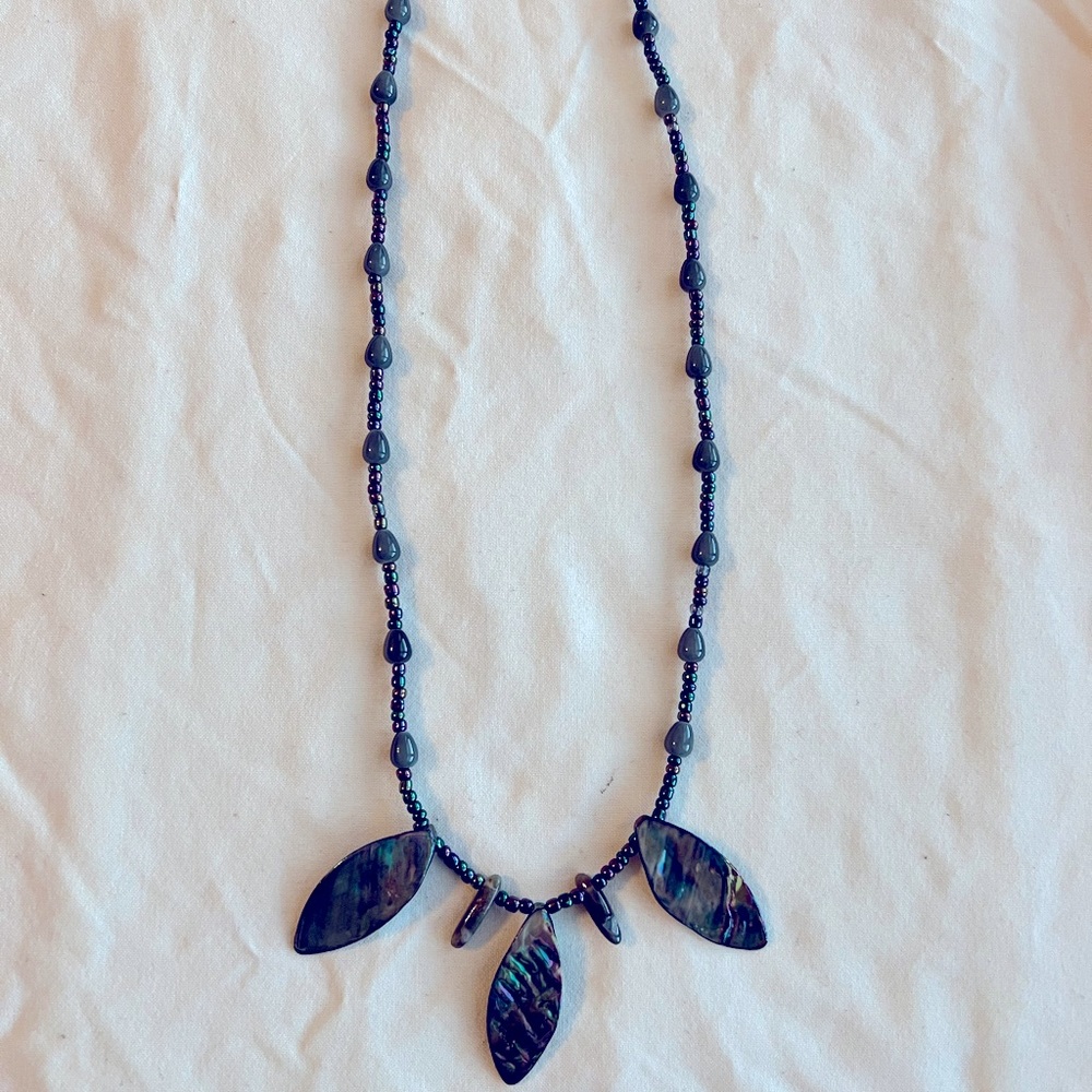 Black Bluish shaded shell leaves long necklace Fall Halloween Holidays Parties